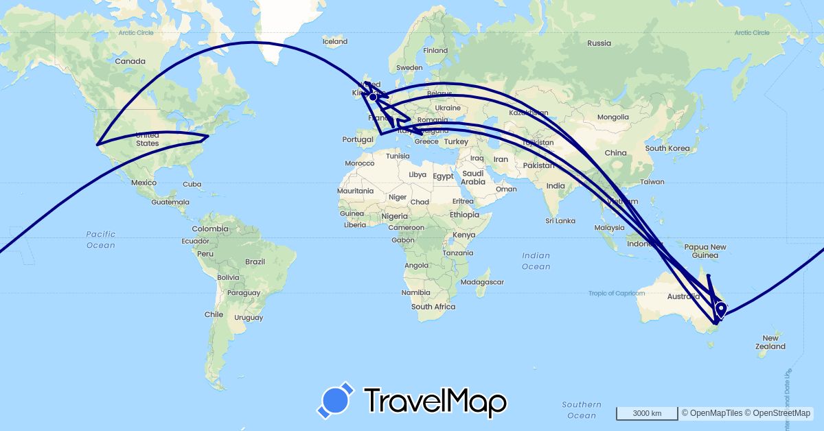 TravelMap itinerary: driving in Albania, Australia, Spain, France, United Kingdom, Croatia, Ireland, Italy, Monaco, Montenegro, Netherlands, Slovenia, United States (Europe, North America, Oceania)